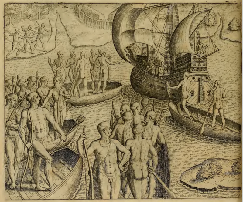 [Tupinambá people in canoes approach a large European ship]