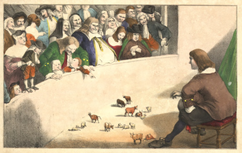 [Gulliver shows off Lilliputian animals in England]