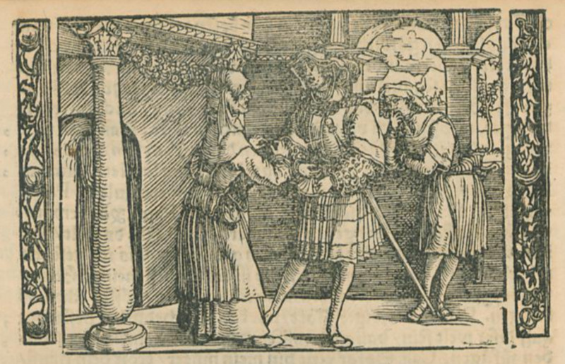 [Act II (First Illustration) – Calisto Paying Celestina While Another Figure (Either Sempronio or Pármeno) Yawns]