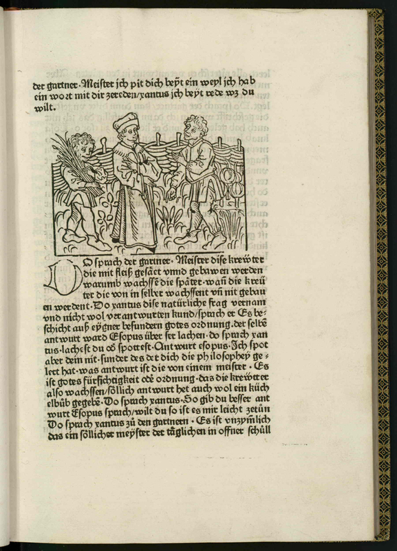 Vita et Fabulae [Two men are talking to each other as the third man carries crops]