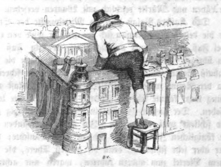 [Gulliver climbs the wall of the Emperor’s palace in Mildendo]