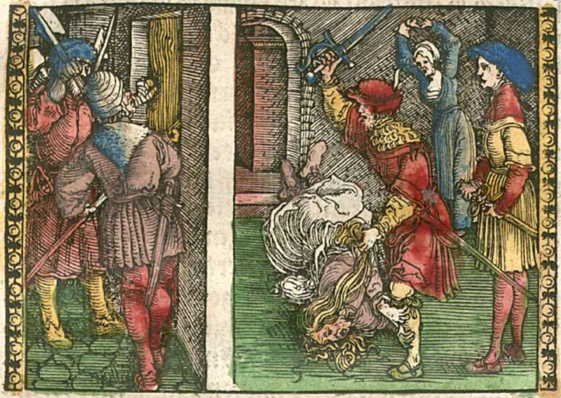 [Act XII (Second Illustration) – The Alguacil’s Men Knock on the Door as Sempronio Murders Celestina]