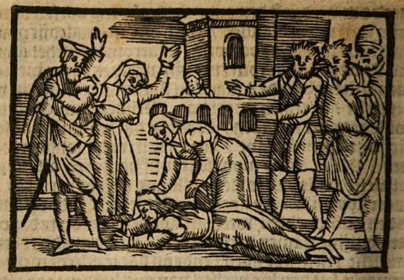 [Act XXI – Having Jumped to Her Death, Melibea is Surrounded by Pleberio, Lucrecia, and Many Other Concerned Onlookers]