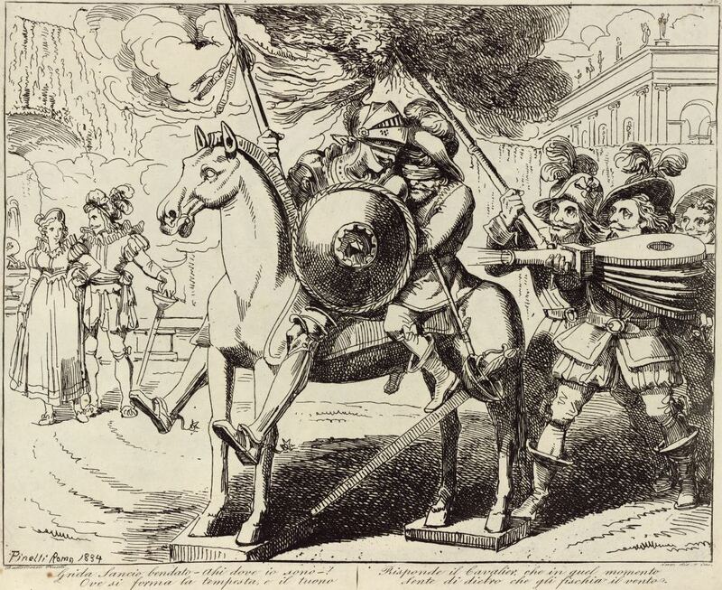 Grida Sancio bendato - Ahi dove io sono-! / Ove si forma la tempesta, e il tuono / Risponde il Cavalier, che in quel momento / Sente di dietro che gli fischia il vento.