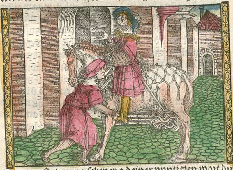 [Act II (Second Illustration) – Sempronio (?) Sitting on a Horse as He Prepares to Visit Celestina]