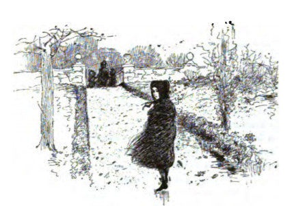 [a young Jane Eyre looks back at the viewer in the yard of Gatehead Hall]