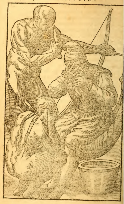 [A European man and a Tupinambá woman weep into their hands while a Tupinambá man stands behind them]