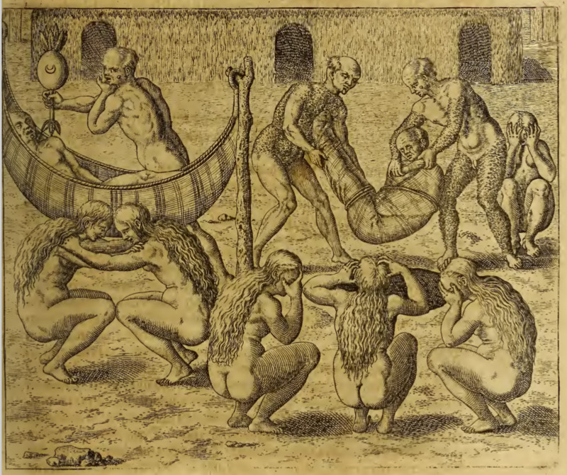 [Tupinambá people tend to their sick, bury their dead, and mourn]