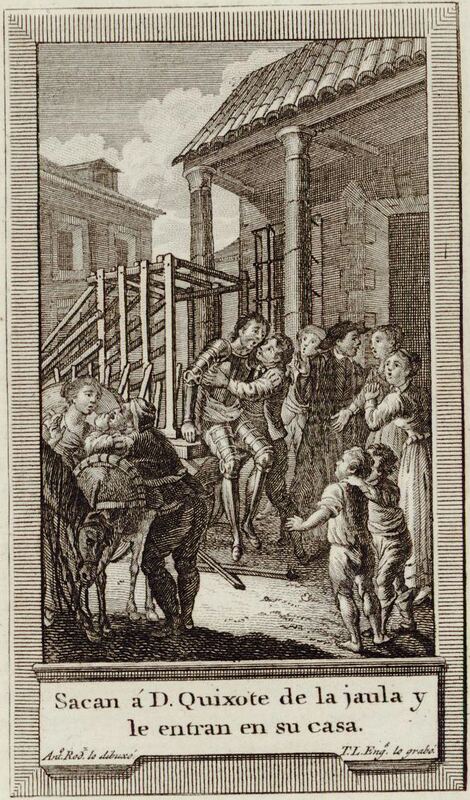 Sacan á D. Quixote de la jaula y le entran en su casa