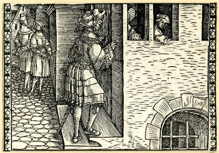 [Act XII (First Illustration) – Calisto Talking to Melibea and Lucrecia Through Melibea’s Door While Sempronio and Pármeno Stand Guard]