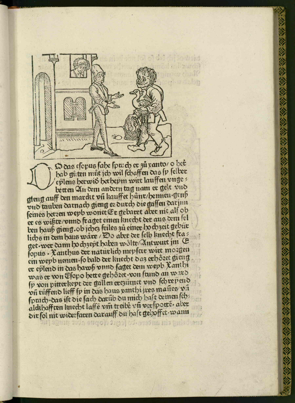 Vita et Fabulae [A man talks to another man carrying birds, while another person observes]