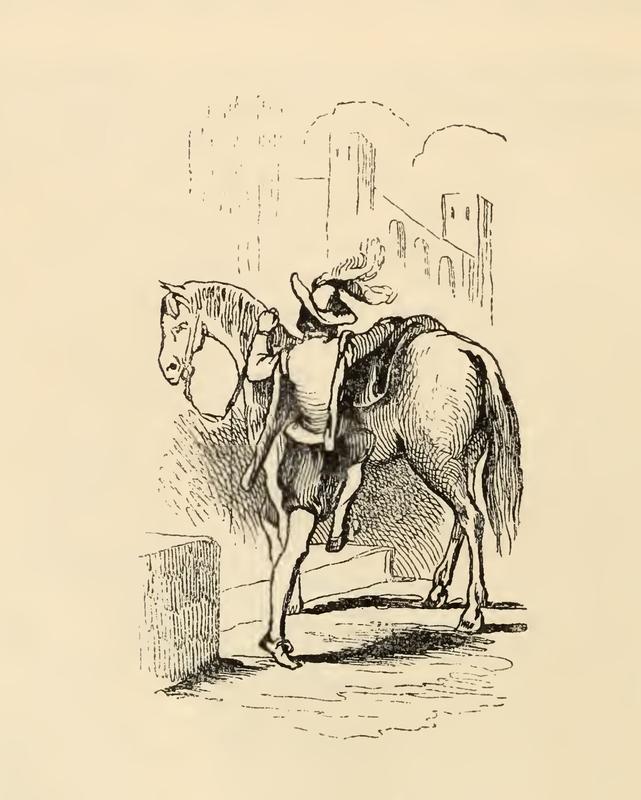 [One of the Duchess' Pages Mounts a Horse]