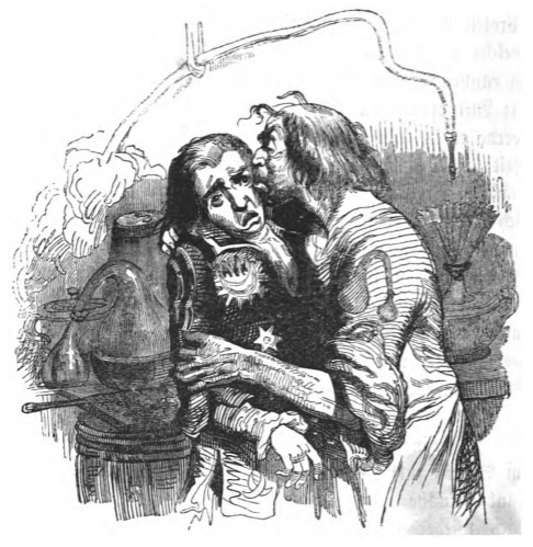 [A scientist from the Grand Academy of Lagado embraces Gulliver]
