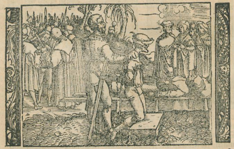 [Act XIII – Many Bystanders Observe as Sempronio Is Executed After Pármeno, Who Lies Dead Behind Him]