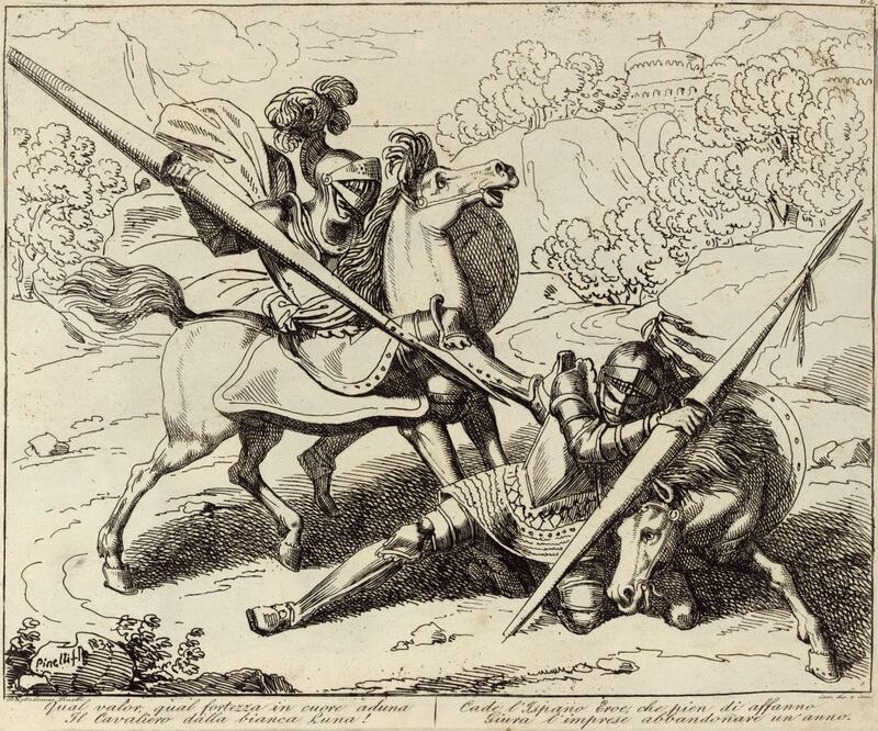 Qual valor, qual fortezza in cuore aduna / Il Cavaliero dalla bianca Luna! / Cade l'Ispano Eroe, che pien di affanno / Giura l'imprese abbandonare un'anno.