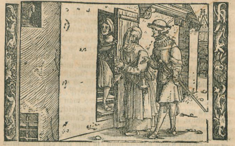 [Act I (Third Illustration) – Celestina and Sempronio Talking as Crito Descends the Staircase]