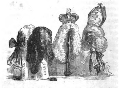 [Wigs representing the different factions of society]