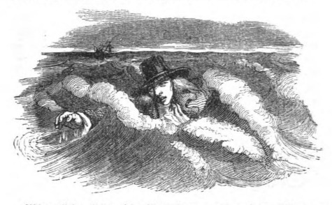 [Gulliver swims to shore after the shipwreck]