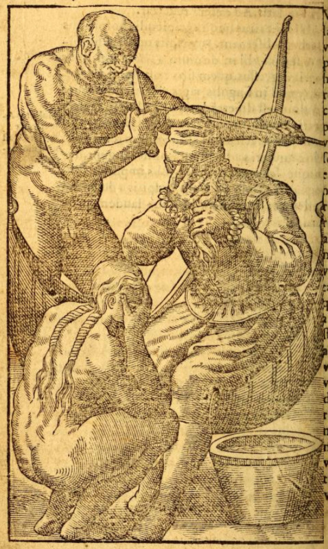 [A European man and a Tupinambá woman weep into their hands while a Tupinambá man stands behind them]