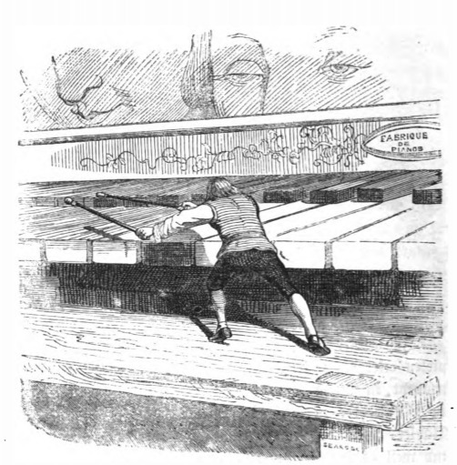 [Gulliver plays piano using sticks on Brobdingnag]