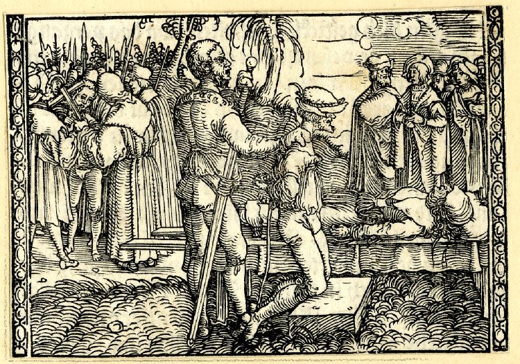 [Act XIII – Many Bystanders Observe as Sempronio Is Executed in Front of Pármeno, Who Lies Dead Behind Him]