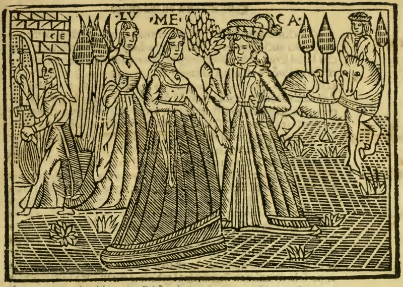[Title Page – Celestina, Lucrecia, Melibea, Calisto, and an Unknown Fourth Figure]