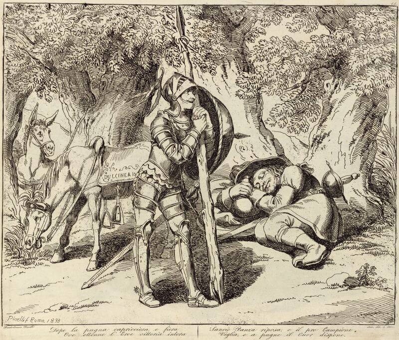 Dopo la pugna capricciosa e fiera / Ove ottenne l'Eroe vittoria intera / Sancio Panza riposa e il pro Campione / Veglia, e a pugne il Cuor dispone.