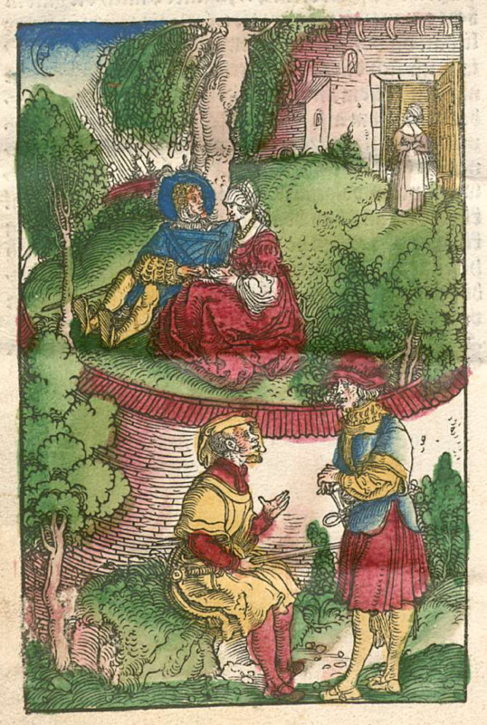 [The Argument - While Calisto and Melibea Talk, Sosia and Tristan Stand Guard and Lucrecia Waits at a Distance]