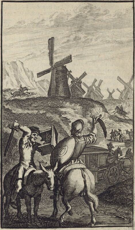[Don Quixote fights the Basque; the Benedictine friars' servants beat Sancho Panza; Don Quixote charges the windmills]