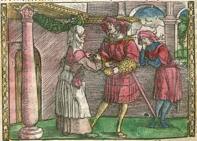 [Act II (First Illustration) – Calisto Paying Celestina While Another Figure (Either Sempronio or Pármeno) Yawns]