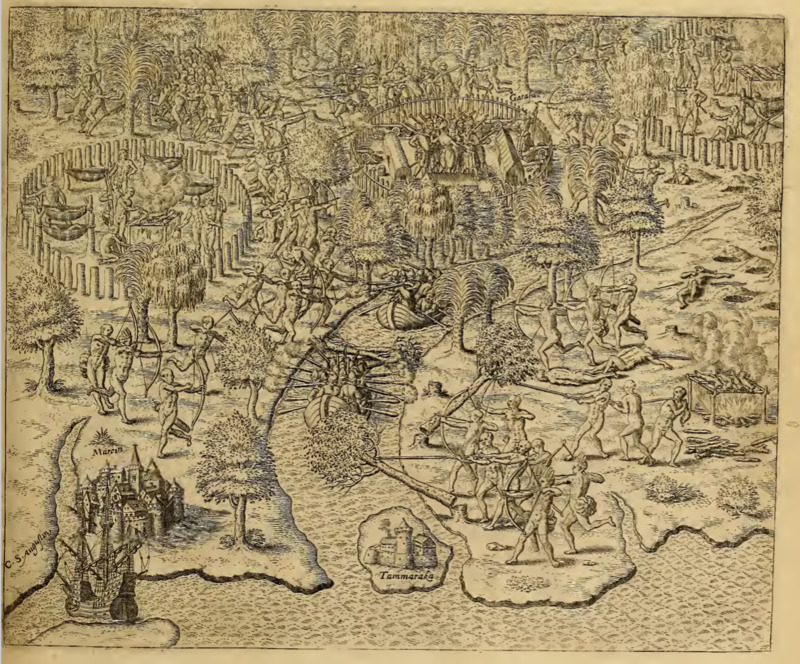 [Tupinambá people attack a European settlement and rowboats]