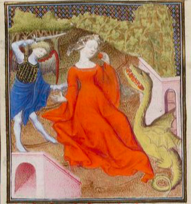 Eve mange la pomme, avec à ses côtés le dragon et l’ange