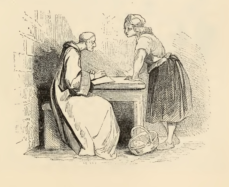 [Teresa Panza Gives a Basket of Eggs to a Friar in Exchange for Writing a Letter]