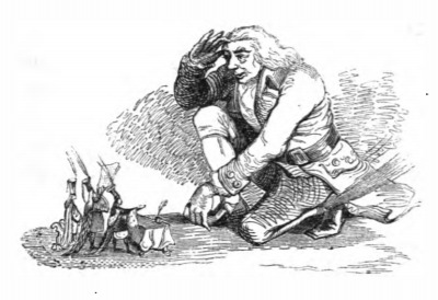 [Gulliver kneeling and saluting the Lilliputian Emperor]