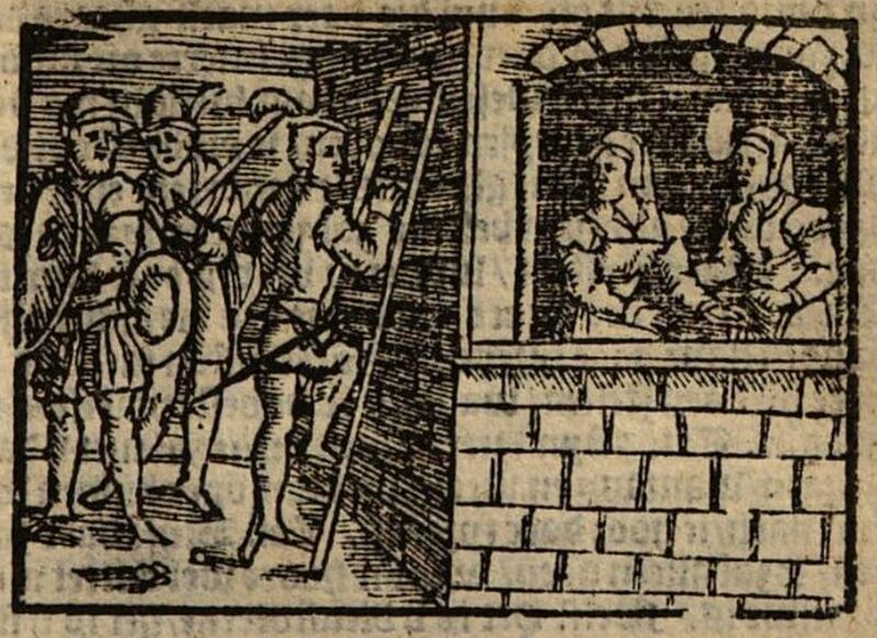 [Act XIV – Calisto, Guarded by Sosia and Tristán, Climbs Melibea’s Garden Wall While Melibea and Lucrecia Watch from a Window]