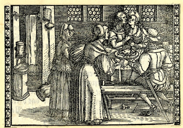[Act IX – Celestina, Elicia, Sempronio, Areusa, and Pármeno Share a Meal]