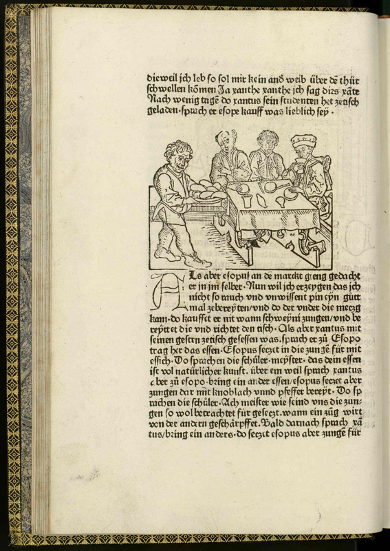 Vita et Fabulae [A man carries a plate of food towards three men sitting at a dining table]