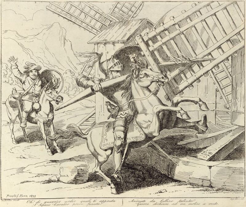 Oh! di guerrier ardir quale ti appresta / L'Ispano Cavalier prova funesta! / Animato da bellico talento / Guerra dichiara ad un molino a vento.
