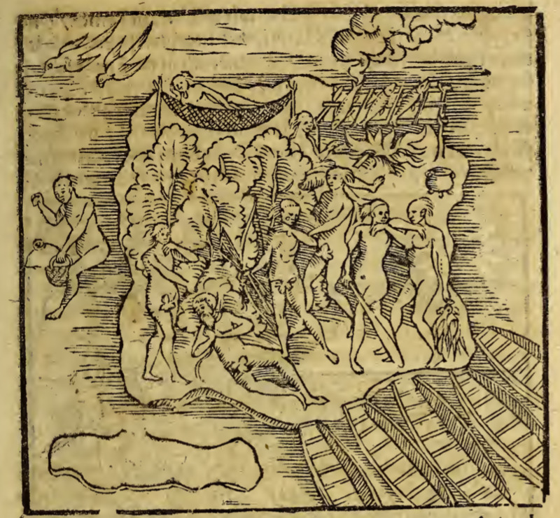 [Tupinambá people relax, fish, and cook on an island]