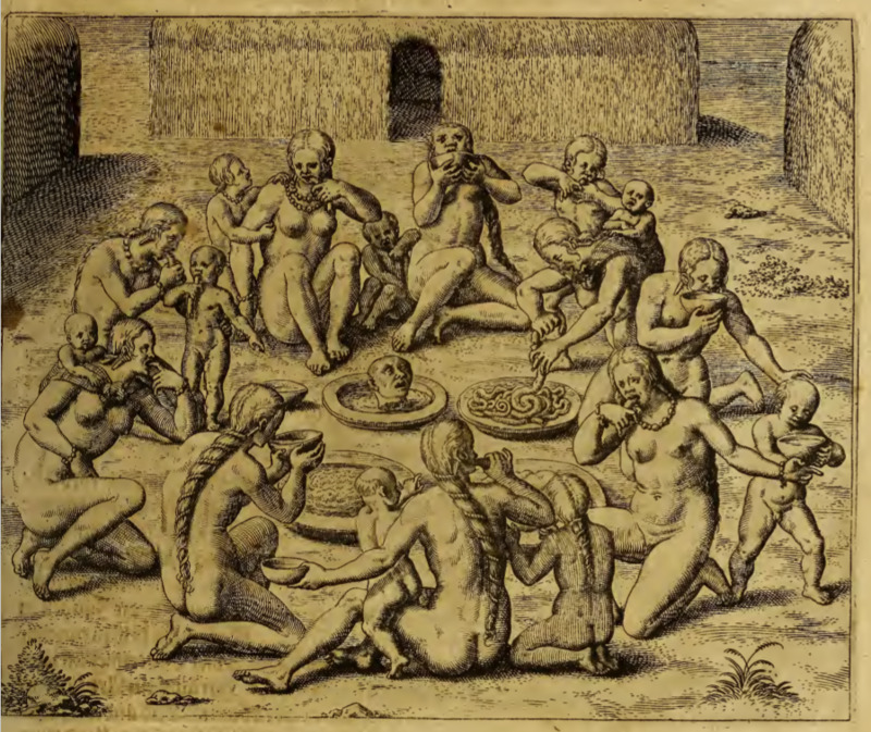 [A group of Tupinambá women and children share a cannibalistic meal]