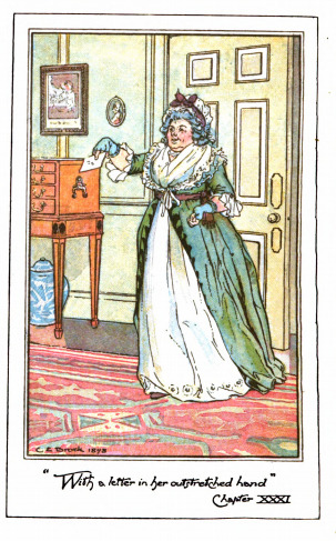 “With a letter in her outstretched hand.”