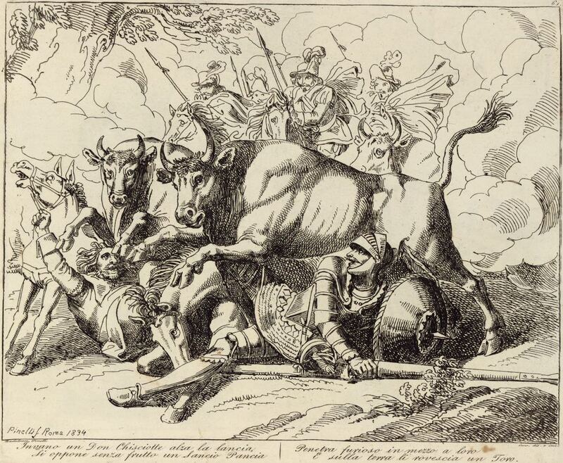 Invano un Don Chisciotte alza la lancia / Si oppone senza frutto un Sancio Pancia / Penetra furioso in mezzo a loro / E sulla terra li rovescia un Toro.