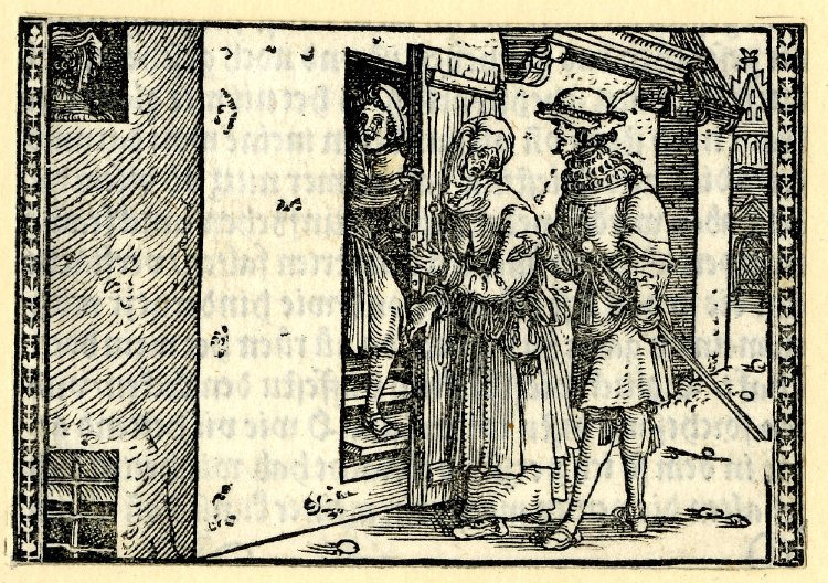[Act I (Third Illustration) – Celestina and Sempronio Talking as Crito Descends the Staircase]