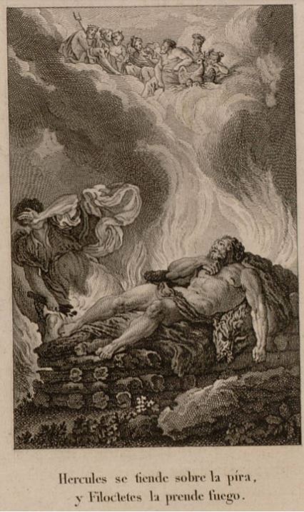 Hercules se tiende sobre la pira, y Filoctetes la prende fuego