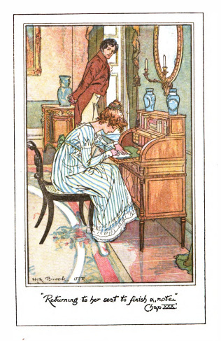 Returning to her seat to finish her note.