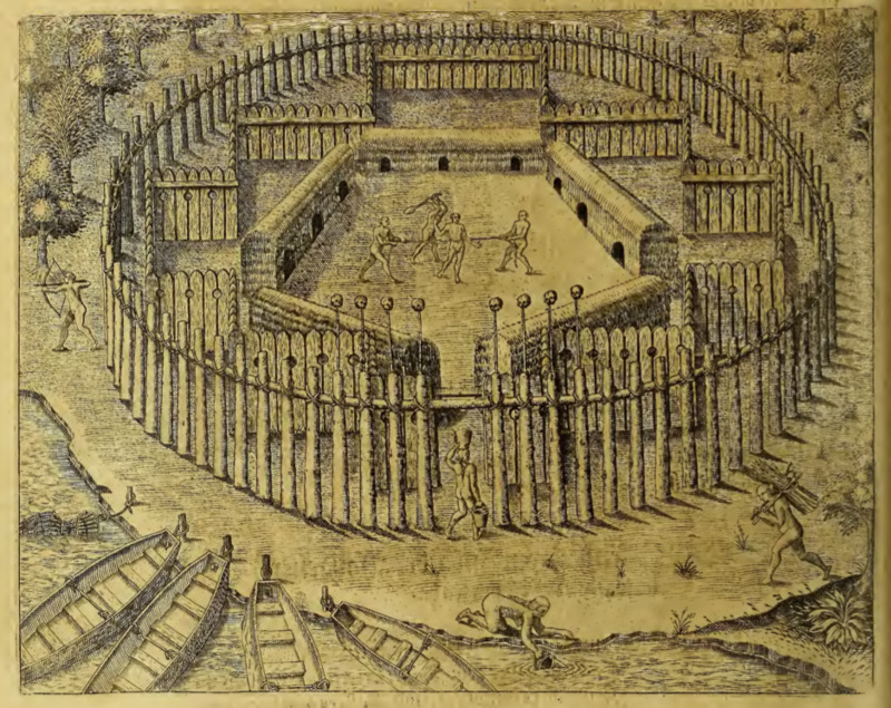 [A captive is executed in the center of a Tupinambá village while other daily tasks are completed]