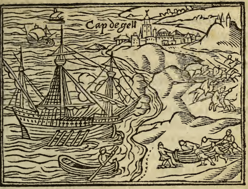 [Europeans come ashore in rowboats, leaving their ship anchored]
