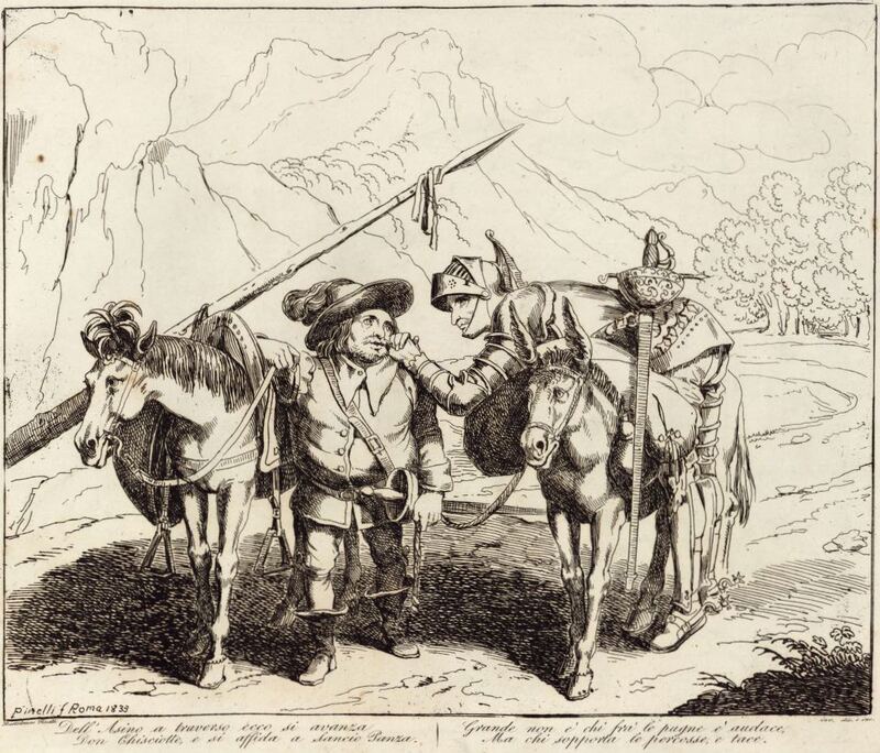 Dell'Asino a traverso ecco si avanza / Don Chisciotte e si affida a Sancio Panza. / Grande non è chi frà le pugne è audace, / Ma chi sopporta le percosse, e tace.