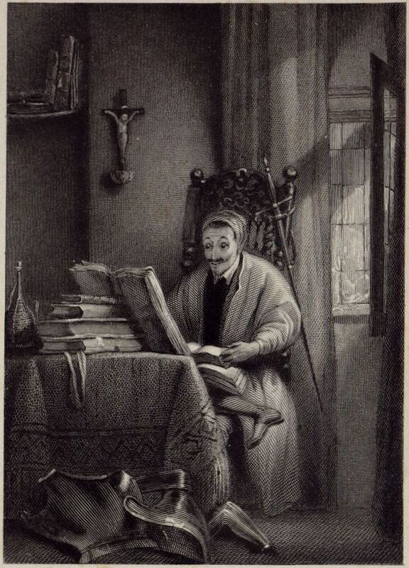 [Don Quixote reads chivalric books in his library]