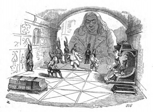 [Lilliputian nobles play a game while Gulliver watches]
